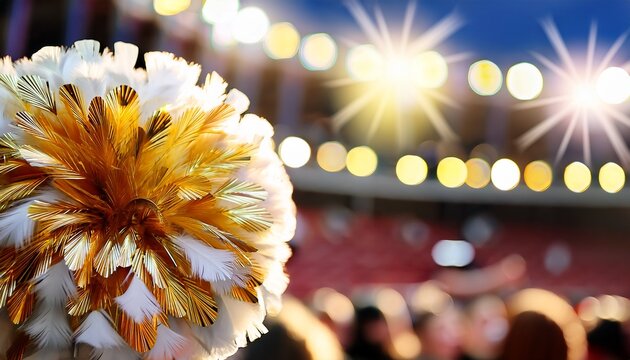 close up of golden and white pom pom in sharp focus with blurred background of stadium lights and spectators