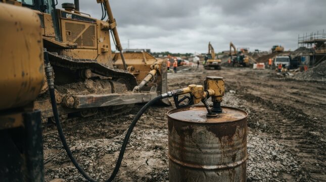 Bulldozer beside diesel pump nozzle and half full metal drum on gravel, construction fuel costs and rising operating expense under gray sky