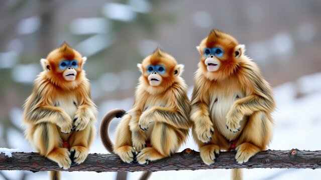 Three playful monkeys with blue facial markings sitting on a tree branch in a natural outdoor setting, colorful and lively wildlife scene