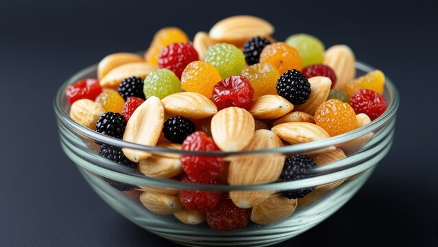 Glass bowl filled with an assortment of colorful gummy candies, jelly beans, and almonds on a dark background, vibrant, sweet snack, confectionery concept