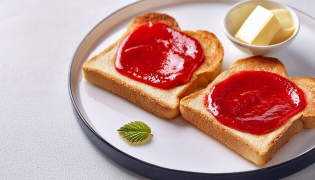 two slices of toasted white bread topped with red strawberry jam and butter on a white plate