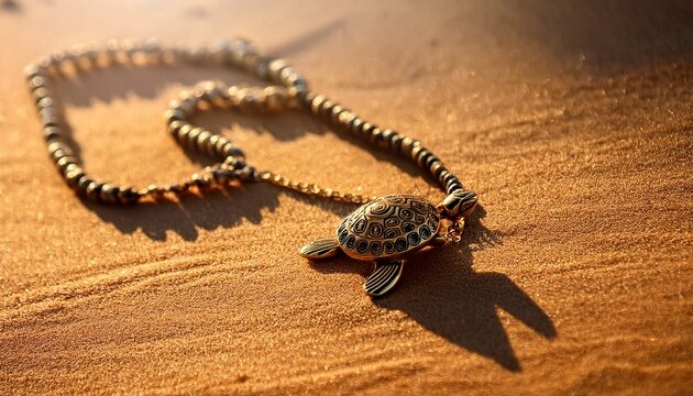 beaded necklace with turtle pendant rests on warm sand illuminated by beach sunlight creating subtle shadows and patterns on golden surface