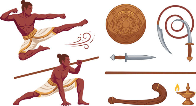 Indian Kalaripayattu Martial Arts Vector Set with Warriors in Flying Kick, Staff Fighting Pose, Shield, Dagger, Urumi Sword, and Club Icons