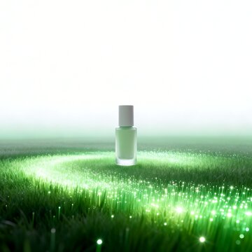 Minimalist Cosmetic Bottle on Glowing Green Grass