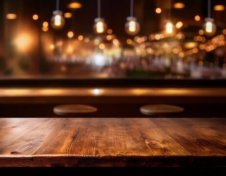 rustic wooden table in a dimly lit blurred bar with glowing pendant lights
