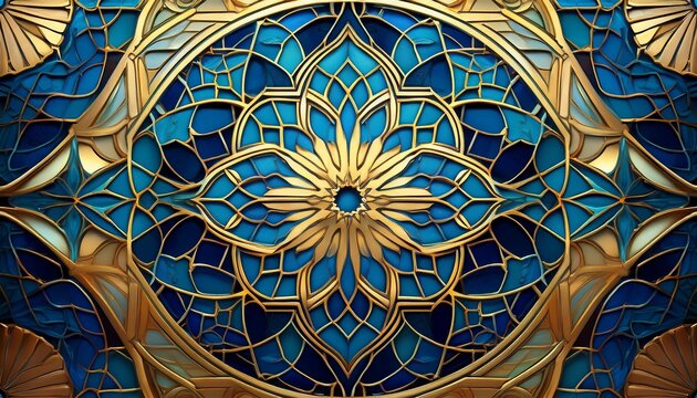 intricate blue and gold islamic mosaic tile pattern