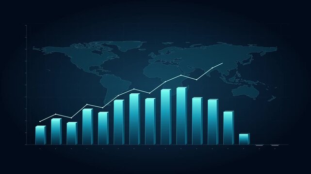 International Market Growth Animation. 3D Bar Chart With World Map Background And Rising Trend Line. Global Business Statistics Data Visualization. Dark Blue Corporate Motion Graphics.