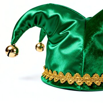 Green Jester Hat With Golden Bells On White Background