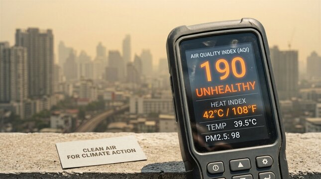 Air Quality Index Monitor Displaying High Pollution and Heat Index Against City Skyline Background Concept