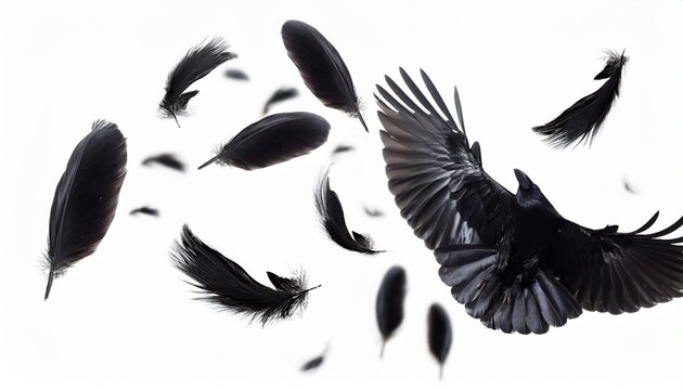 crow feathers falling in air on white background