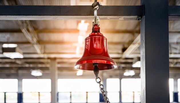 shiny red bell hangs by metal chain in large empty industrial building with soft light illuminating space