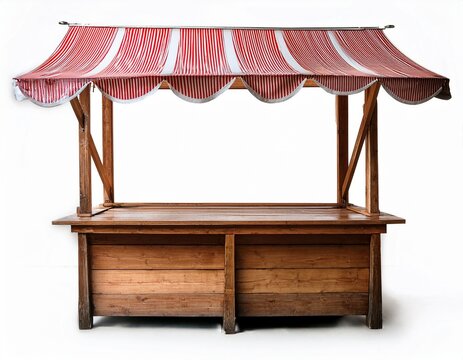 rustic wooden market stall with red and white striped awning isolated on white background