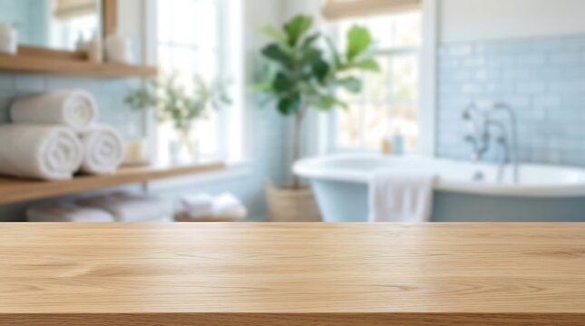 Empty wooden table for product mockup in bright blurred bathroom interior with bathtub towels for website presentations