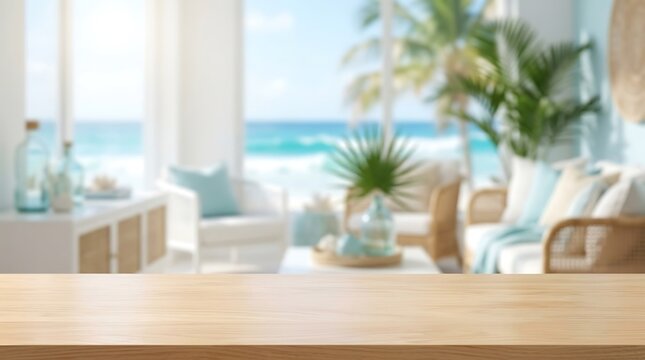 Empty wooden table top mockup for product display with blurred tropical beach house living room ocean view background.
