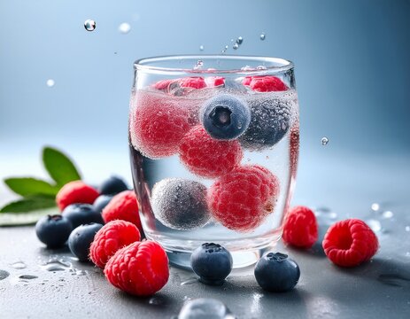 sparkling water with raspberries and blueberries