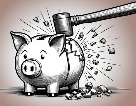 line art piggy bank breaking with hammer symbolizing financial loss