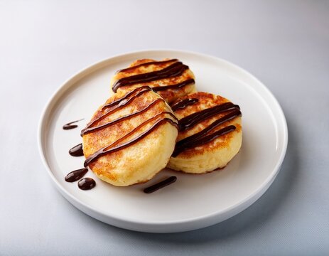 indulgent syrniki or pancake expertly drizzled with warm chocolate sauce presented on a minimalist white dish for a sweet treat