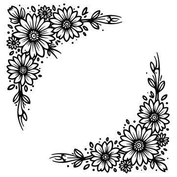 Hand drawn floral corner border with daisy flowers isolated on white background
