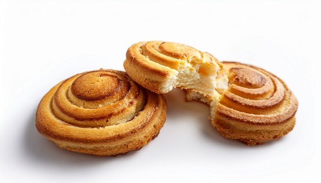 danish bakery style swirl biscuit cookies flay lay eaten bite taken isolated against a white background background