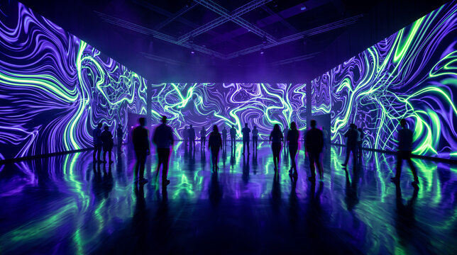 People watching immersive digital art installation technology