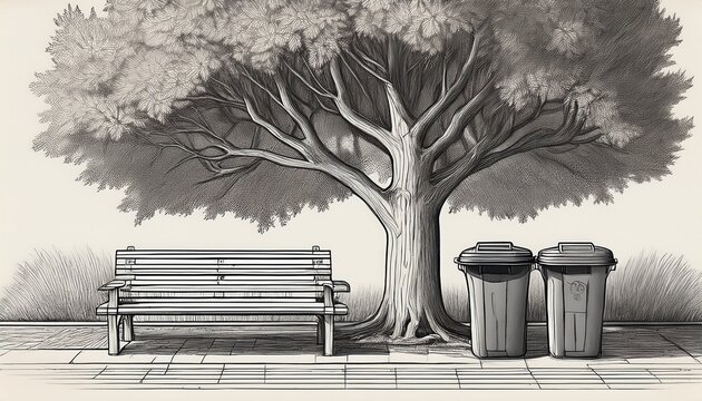 line drawing of park bench and recycling bin under a large tree in a park