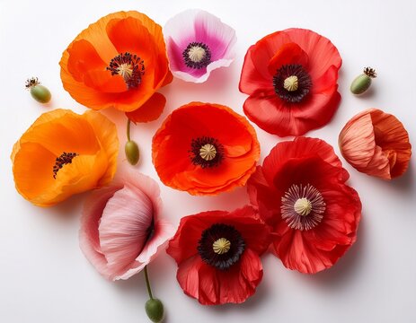 different exotic poppy flowers isolated on a white background top view