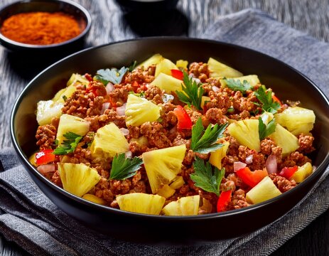 spicy pineapple and ground meat salad in black bowl