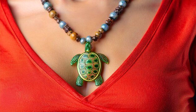 colorful bead necklace with a turtle pendant rests on the chest above a bright red top in close up detail