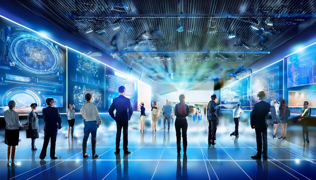 visitors exploring a modern technology exhibition with immersive digital displays showcasing innovation business networking artificial intelligence and next generation industrial solutions