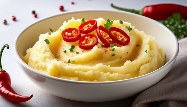 spicy mashed potatoes with red chili slices in white bowl