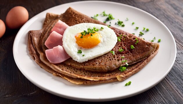 traditional savory buckwheat crepe topped with ham cheese and a fried egg on a white plate