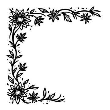 Black and white floral corner border with daisy flowers and intertwined stems