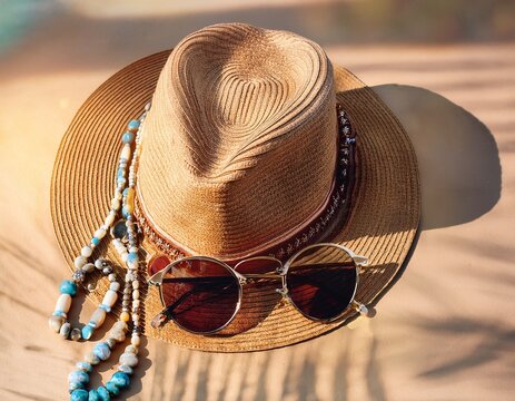 bohemian hat and sunglasses with necklace and bracelet for a sunny beach look summer vacation style and travel accessories today