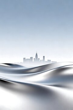 Silky Metallic Waves Over Distant City Skyline Under Clear Sky