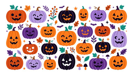 Fototapeta premium Colorful Halloween Jack-o-lantern Pumpkin Pattern with Autumn Leaves and Festive Decorative Icons
