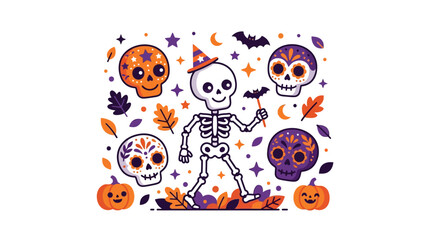 Fototapeta premium Cute Skeleton and Sugar Skull Pattern Illustration for Halloween Celebration