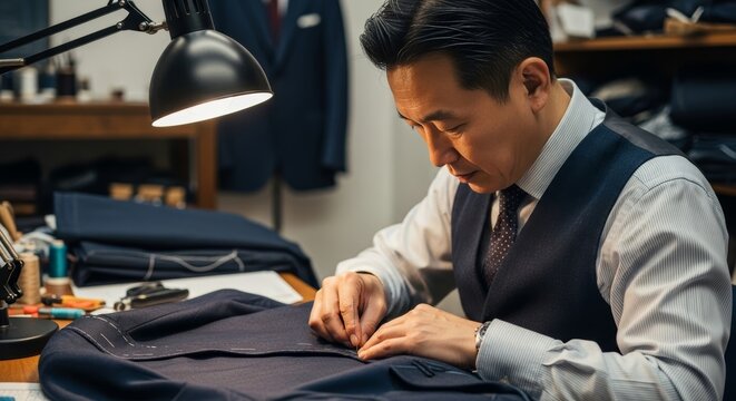 A focused Asian man in a vest carefully stitches a dark suit jacket at a well-lit tailoring workshop. Tools and fabric are organized around him.