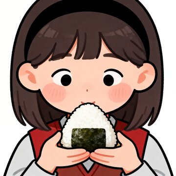Cartoon girl holding and preparing to eat onigiri with both hands