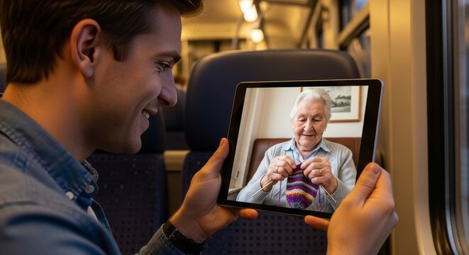 A young Caucasian man is smiling, holding a tablet in his hands, which depicts his grandmother, an elderly Caucasian woman knitting. He is riding on a train, surrounded by a cozy interior.