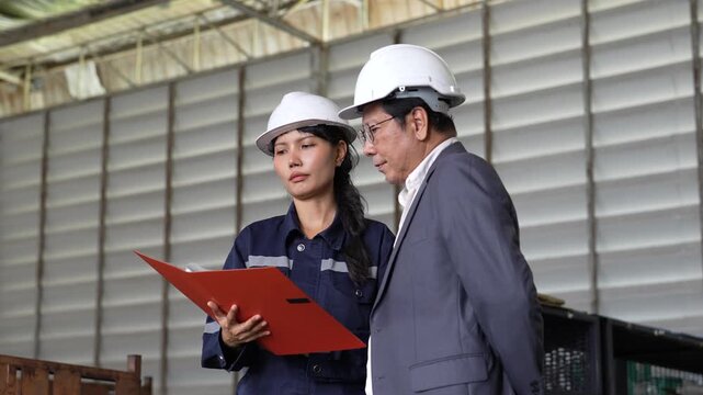 Industrial engineer construction manager and factory worker wearing hardhat and safety helmet, holding clipboard during inspection and discussion, Asian people reviewing red folder and workplace
