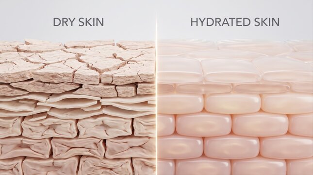 A comparative 3D render showing cross-sections of dry, cracked skin versus healthy, hydrated skin.