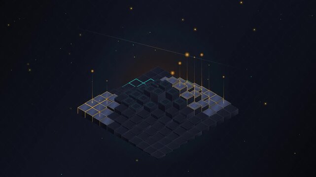 Abstract isometric blocks building pyramid structure with glowing light