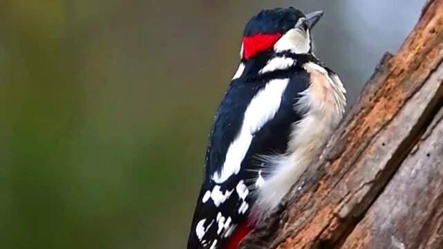 Great spotted woodpecker perched on a tree trunk in a natural forest