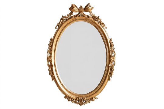 Elegant golden ornate oval wall mirror with intricate carved floral frame decorative element for luxurious interior design.