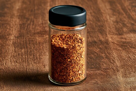 Chili pepper flakes and dry seasoning blend in shaker bottle stands on wooden table for restaurant food flavoring needs.