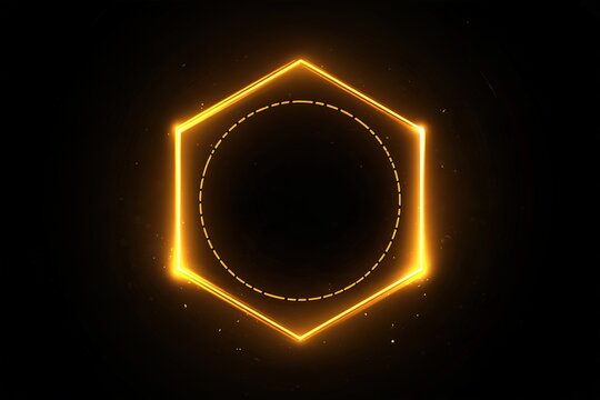Glowing orange neon hexagon frame with inner circular outline on black background perfect for futuristic tech design.