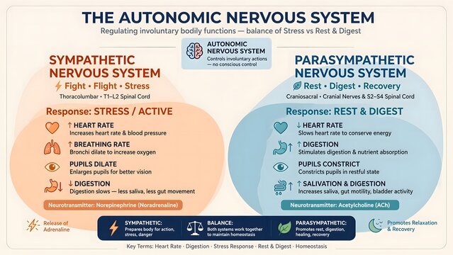 Autonomic nervous system infographic comparing sympathetic fight or flight and parasympathetic rest and digest responses.