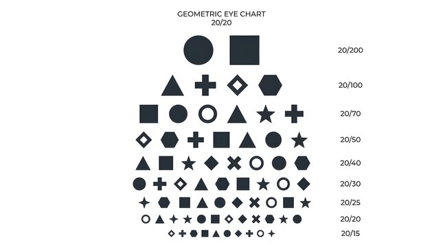 Geometric eye chart visual testing poster with basic shapes on a white background.