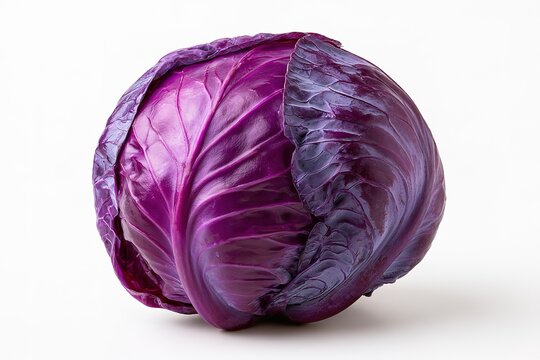 Vibrant whole red cabbage with textured purple leaves sits on bright white background for healthy vegetable salad recipes.
