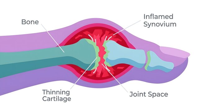 Medical illustration showing joint inflammation thinning cartilage and arthritis damage in a finger joint.